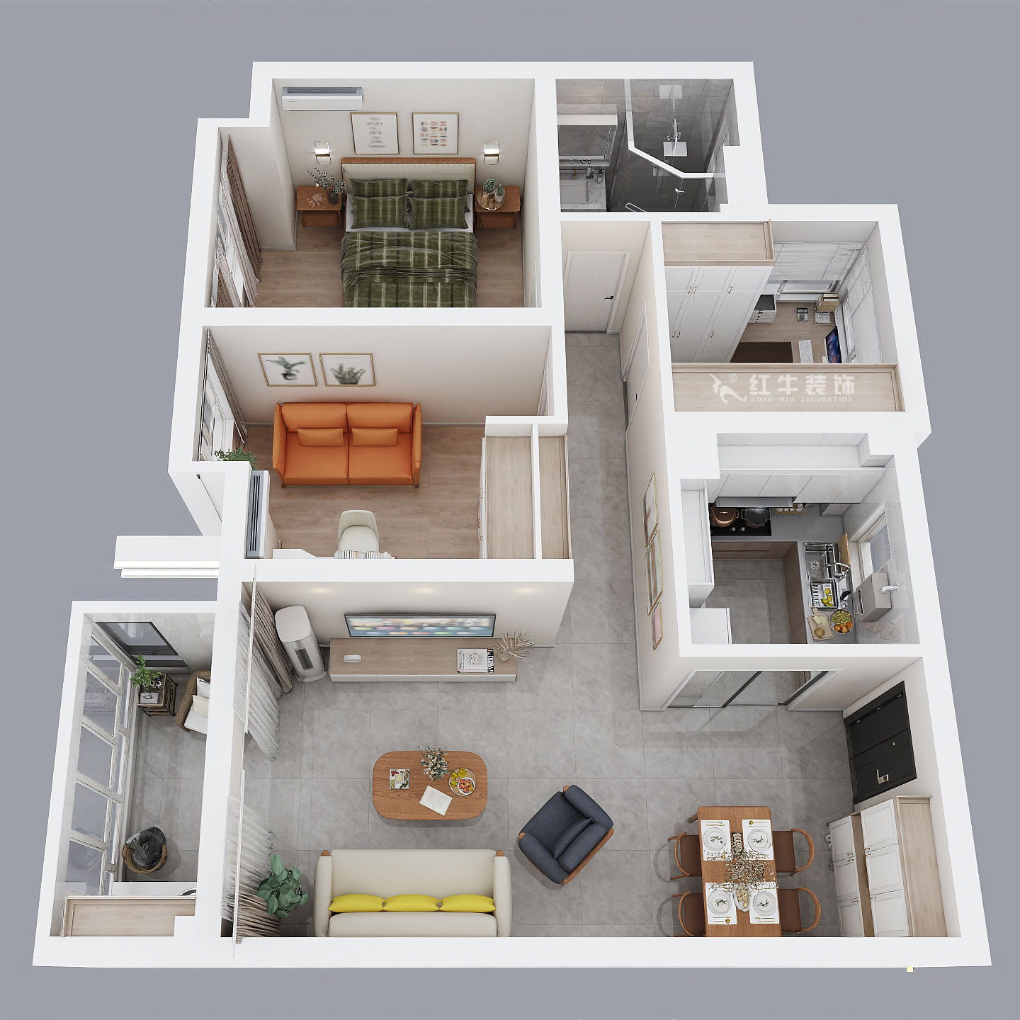 孟宪涛｜华润幸福里10-2203-88㎡-简约风格｜3室1厅1卫｜新房装修｜定制家￥118229｜全包12万｜00_04鸟瞰图